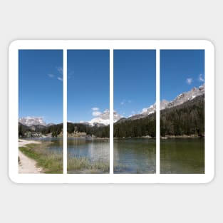 The fabulous alpine lake of Misurina in the Dolomites. Boat on the water. Lovely and relaxing place in the Italian Alps. Reflections in the rippled water. Sunny spring day. Sticker